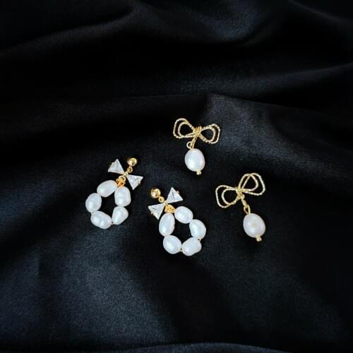Bow Knot Zircon Earrings Natural Freshwater Pearl Earrings Element Handmade Earrings Womens Jewelry Fashion Jewelry