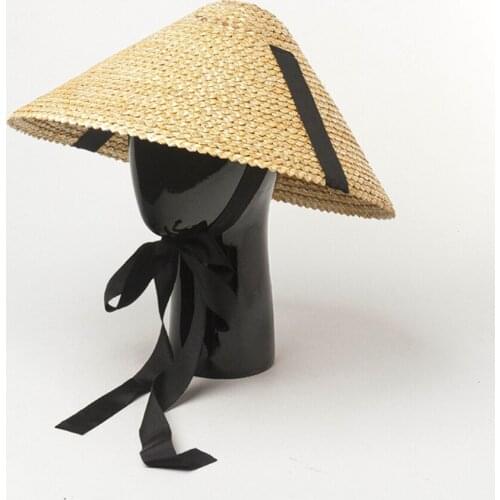 Retro Conical Handmade Big Wide Brim 25CM Straw Hat for Men Women Garden Farmer Fishing Bucket Sunhat With Black Ribbon Caps