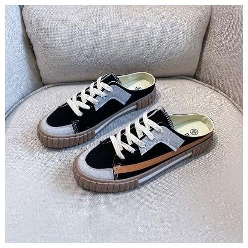 Apanzu Half-drag Canvas Shoes Female Simplicity light Slippers No Heel Wear Baotou Lazy Shoes Women Comfortable All-match flats