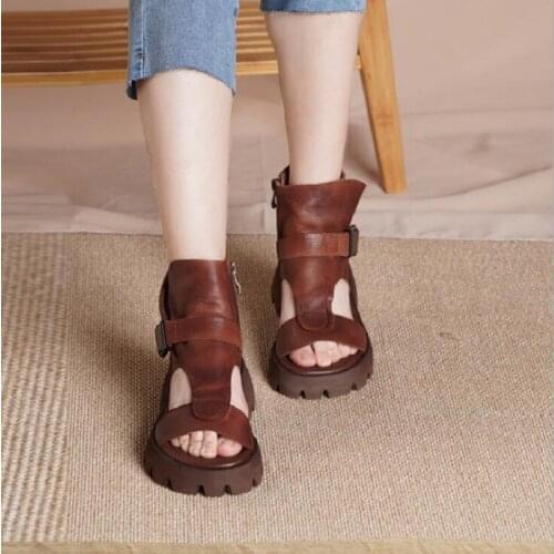 Summer New Retro Thick Heels Platform Peep Toe Sewing Cut Out Genuine Leather Women Ankle Short Gladiator Boots Ladies Sandals