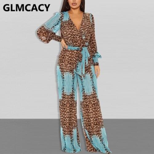 Women Lomg Sleeve Leopard Chiffon Jumpsuit Casual Loose Overalls