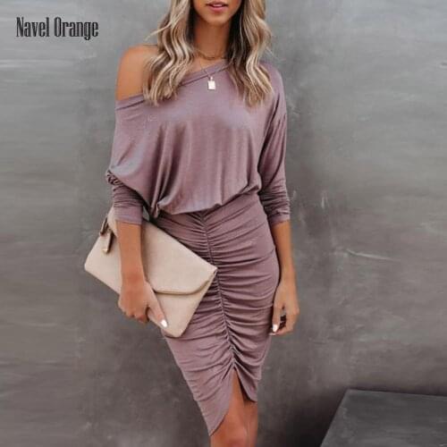 Women Slash Neck Shirring Casual Party Dress Spring Autumn Sheath Full Sleeve Solid Ladies Dress Elegant Streetwear Dropshipping