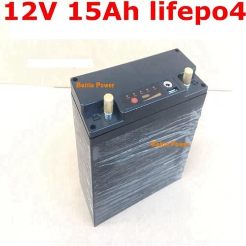12.8V 12V 15ah Lifepo4 battery pack USB port BMS 4s for 150w 240w Inverter solar energy LED light Toy motorcycle + 3A charger