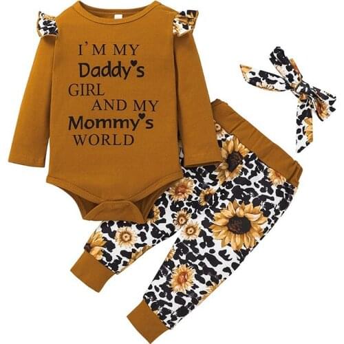 0-24M Newborn Baby Girl Long Sleeve Cotton Bodysuit Tops Floral Pant Trouser Headband 3PCS Baby Girls Clothing Set