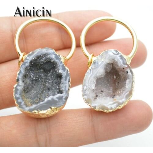 5pcs New Arrival Hollow Out Drusy Crystal Gold Plating Big Circle Pendants Natural Geode Druzy DIY Jewelry Making Findings