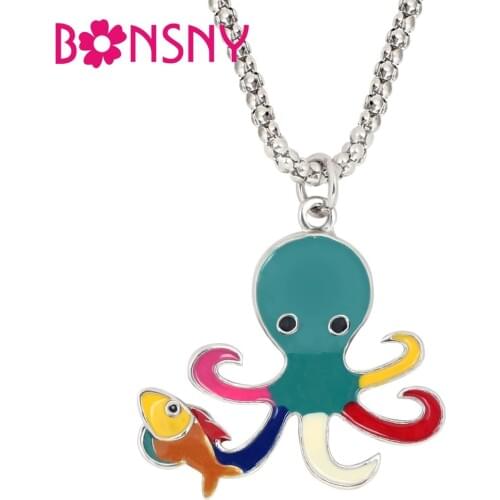 Bonsny Enamel Alloy Cartoon Octopus Fish Necklace Pendant Choker Ocean Sea Animal Jewelry For Women Girls Teens Birthday Gift