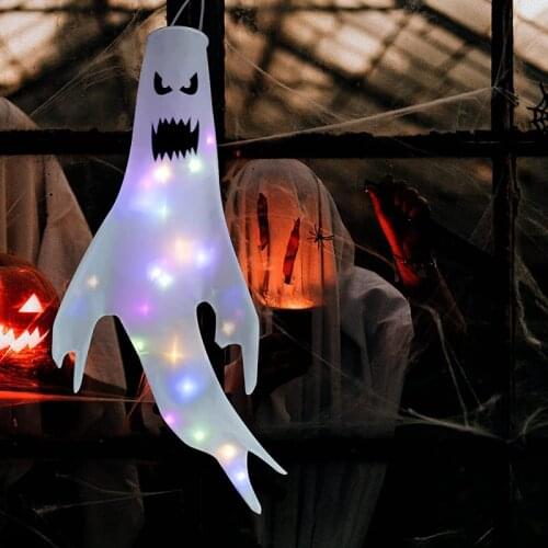 2PCS Flashing Light Up Kids Toys Halloween Ghost Windsocks Ghost Hanging Flags Outdoor Tree Decorations for Home Halloween Party