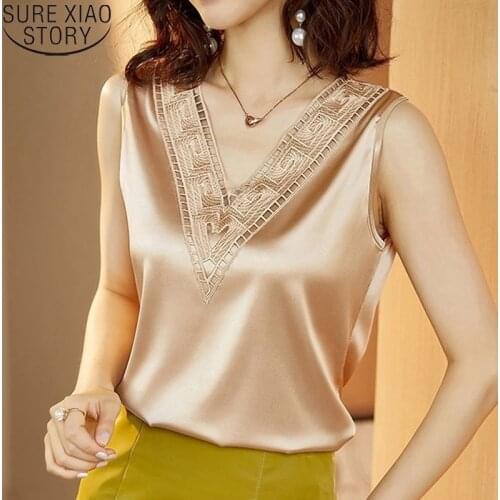 Elegant Satin Blouses Women Silk Tops Sleeveless Fashion Korean Lace V-neck Plus Size Loose Clothes 2021 Summer Blouses 13731