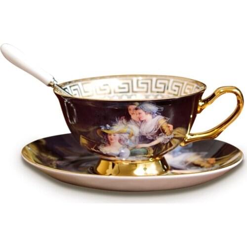European Retro Court Figure Oil Painting Bone China Coffee Cup And Saucers British Afternoon Tea Espresso Cups Party Drinkware