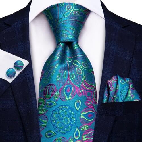 Hi-Tie Men Ties Silk Blue Paisley Floral Neck Tie Pocket Square Cufflinks Set for Suit Business Clearance Tie C-1592