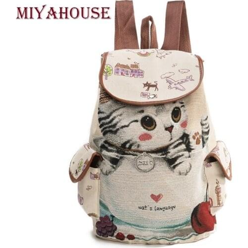 Miyahouse Women Canvas Backpack Cats Printed Backpack For Teenage Girls Fashion Female Drawstring Backpacks Girls School Bags