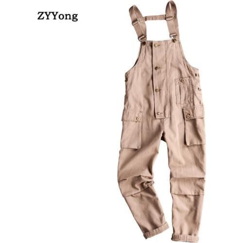 Loose Khaki Dark Grey Overalls Men Jumpsuit Bib Korean Youth Hip Hop Streetwear Big Pocket Cargo Pants Rompers Trousers Clothing