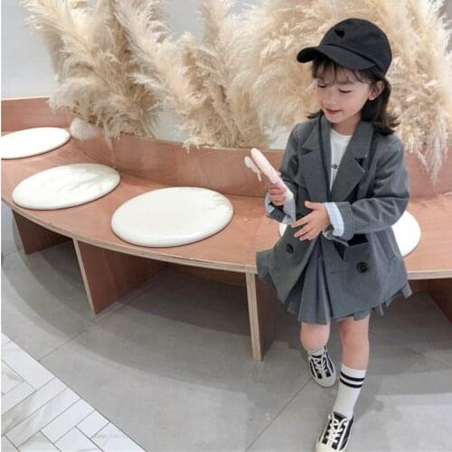 Girl Clothing Set Double-breasted Long Blazer Coat+Pleated Skirt 2pc Party Suit New Fashion Spring Children Girls Clothes Sets