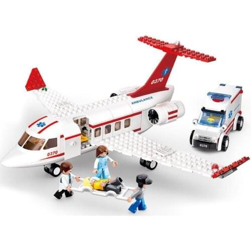335pcs SLuban 0370 Aviation World Medical Ambulance Aircraft Assembled Model Assembled Building Block Toy Car Gifts