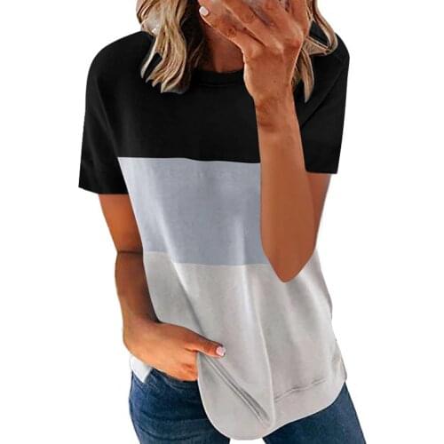Fashion Color Block Thin Blouse Shirt Loose O-Neck Tops Tee Summer Casual Ladies Tops Female Women Short Sleeve Blusas Pullover