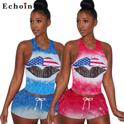 Fashion Casual Womens Lips Letter Tie-Dye Printed Two-Piece Set Short Pants Vest Tops Lace Up Casual Homewear Jogger Tracksuits
