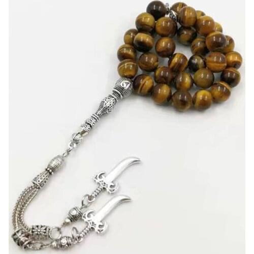 Muslim 2021style Natural Tiger eyes Tasbih With metal Knife tassels islamic prayer beads 33 66 99 beads Special stone bracelet