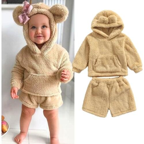 Autumn Winter Warm Plush Velvet Baby Girls Boys Clothes Set 2021 New Baby Super Cute Hodded Sweatshirt+Shorts 2PCS Outwear