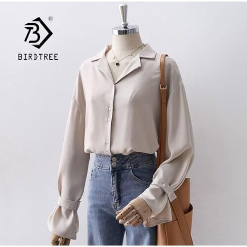Autumn New Women Vintage Flare Sleeve Ruffles White Chiffon Blouse Notched Button Up Elegant Shirts Fall Spring Basic Tops T1720
