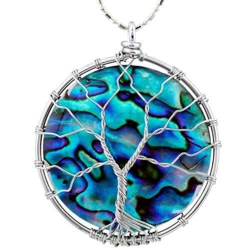 SUNYIKK Round Tree of Life Pendant Necklace Wire Wrapped Abalone Shell Necklace Women Jewelry(Free Chain)