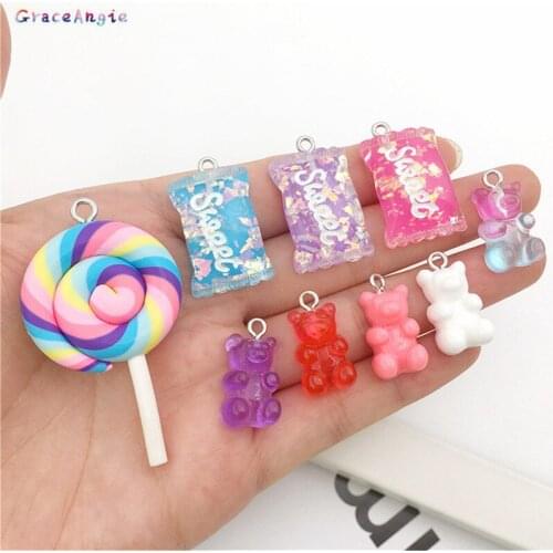 32pcs Mix Style Bear Charms Resin Cabochons Glitter Gummy Candy Lollipop Necklace Keychain Pendant Earrings Making Accessories