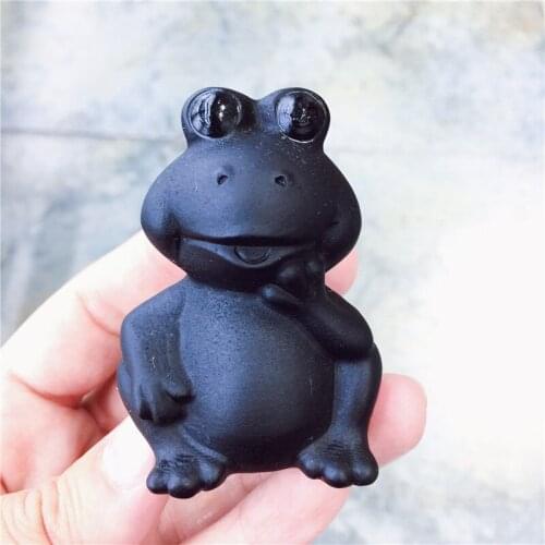 Cute Natural Stone Black Obsidian Handmade Carved Frog Statue Craft Figurine Powerful Statue For Home Decoration Gift
