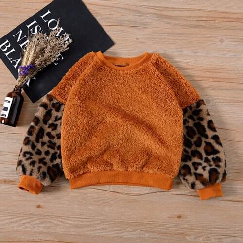 Toddler Sweatshirts Kid Girl Top Autumn Shirt Round Neck Long-Sleeve Casual Elastic Cuff Hem Warm Leopard Printed Plush Blouse