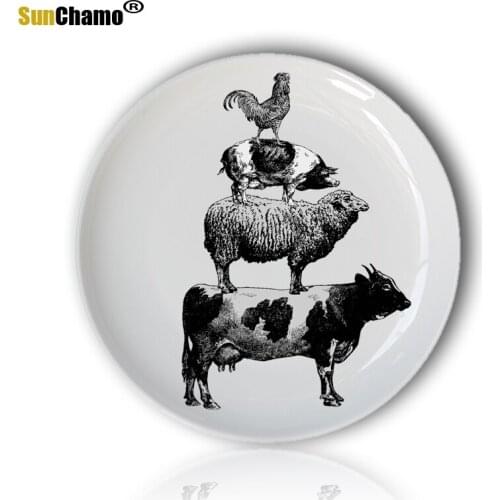 Retro Animal Hand Painted Plate Child Puzzle Dish Black Farm Animal Stack Funny Decorative Round Plate for Hotel/bar/home Supply