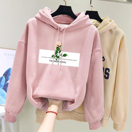 2019 Zuolunouba Winter Women Hoody Sweatshirt Printing Harajuku Letter Rose Lady Hoodie Casual Loose Fleece Pink Pullover Female
