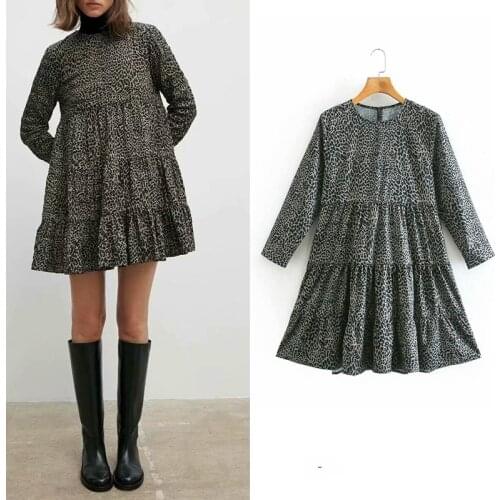Za 2020 Fashion Vintage Women Dress Leopard Print Mini Dresses Long Sleeve Ruffles O-Neck Vestidos Mujer