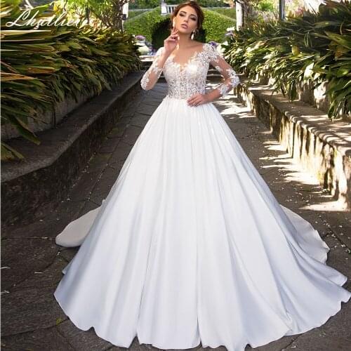 Lhuilier Womens Elegant A Line Satin Wedding Dresses 2020 Scoop Neck High Waisted Full Sleeves Floor Length Bridal Gowns