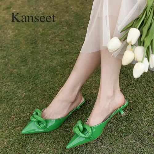 Kanseet Mules Slippers Party Dress Women Slippers White Pink Green Outdoors Shoes 4cm Mid Heels Slippers Female 2021 Summer New