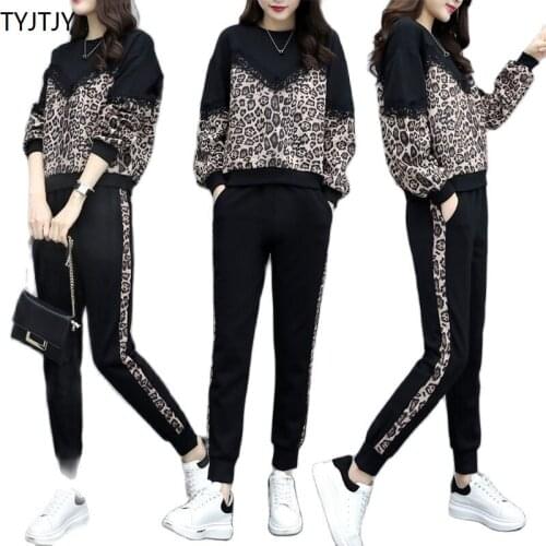 Women Two Piece Set Fashion 2021 New autumn leisure sports suit western leopard print loose slim trousers twopiece suit