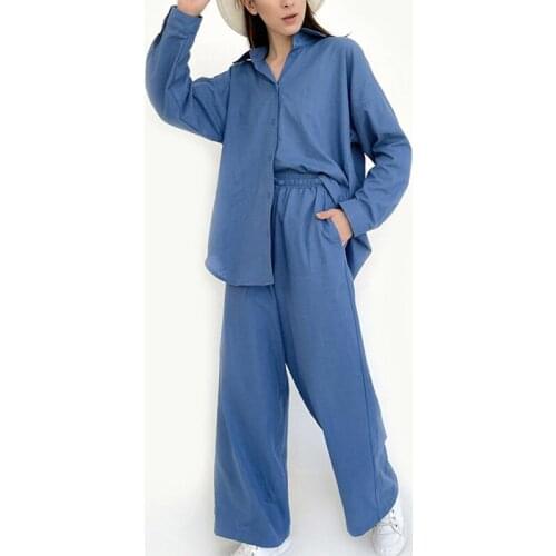 Cotton Linen Solid Women Shirt Two Pieces Set Loose Long Sleeve Shirts And Wide Leg Pants Lady Matching Suits Simple Casual Chic