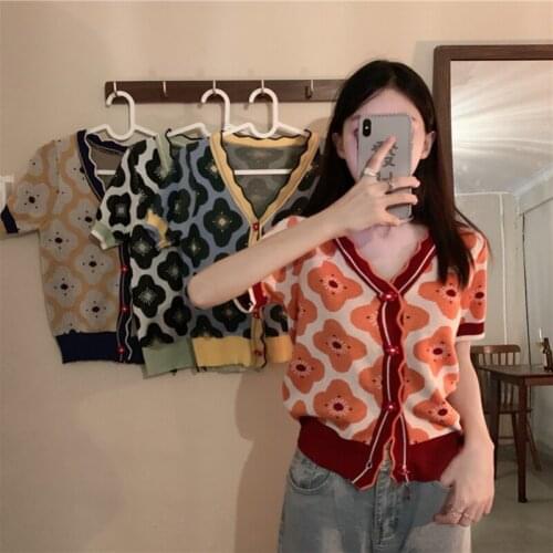 Cardigan Color Matching Flowers V-neck Short-sleeved Sweater Womens Summer New Korean Style Loose and Thin Top