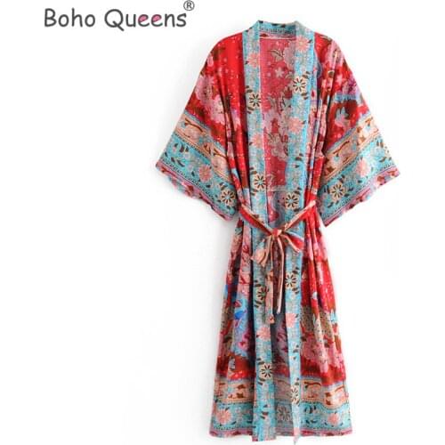 Boho Queens Women red Floral Print Sashes bohemian Kimono Ladies V Neck batwing Sleeves Boho Maxi dress robe