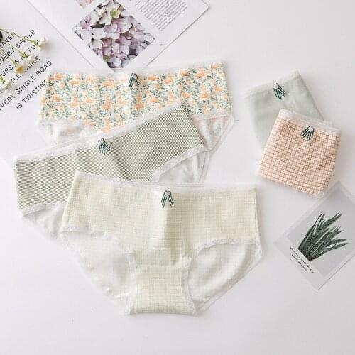 Anewmorn Lattice Stripe Japanese Underwear Women Candy Green Beige Womens Panties Lace Bow Sweet Pure Cotton Panties