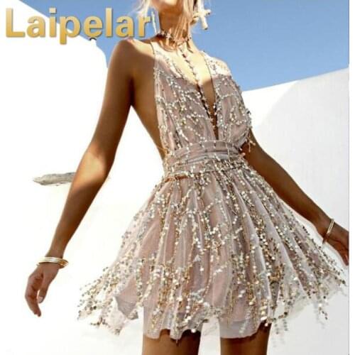 Laipelar Sexy Spaghetti Strap Sequined Gown Mini Skirt Women Deep V Neck Dress