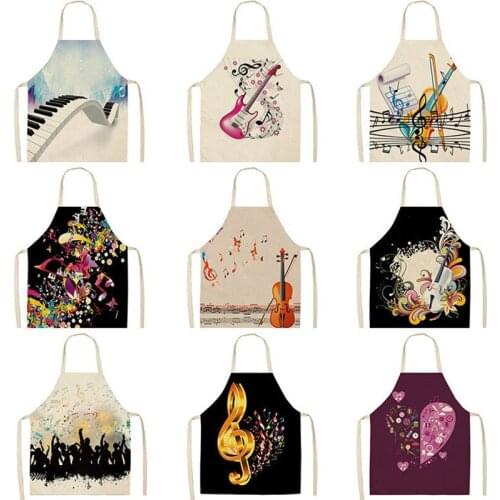 1Pc Musical Note Pattern Kitchen Aprons for Woman and Man Dinner Party Cooking Cotton Linen Bibs Cleaning Tools 53*65cm