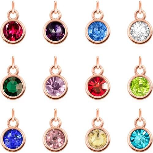 12pcs Round Rose Gold Color Birthstone DIY Birthday Stones 12 Months Alloy Size 7*10mm Charms Pendants with Open Circle