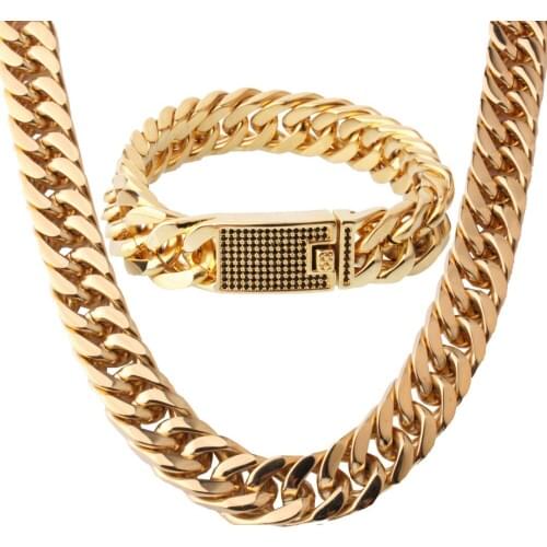 15MM Fashion 316L Stainless Steel Gold Tone Cuban Curb Chain Mens Necklace 23.6" And Bracelet 8.66" Jewelry Sets Black Crystal