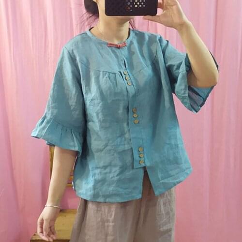 FairyNatural Ladies Retro Ramie Blouses Butterfly Sleeve O-Neck 2021 Spring Summer Button Loose Female Shirts And Tops