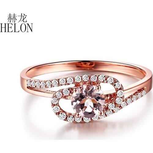 HELON Solid 14K Rose Gold AU585 Round 4.5mm Natural Morganite Diamonds Engagement Wedding Gemstone Ring Fine Jewelry Best Gift