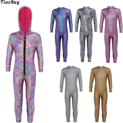 Kids Girls Boy Cosplay Jumpsuit Stand Collar Long Sleeves Allover Shiny Fish Scales Print Bodysuit For Halloween Christmas Party