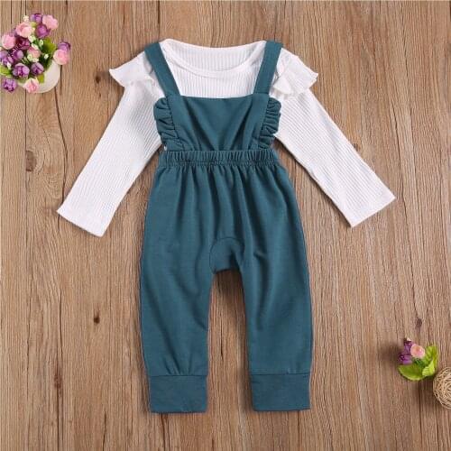 2Pcs Newborn Baby Girls Autumn Sets Long Sleeve Solid O Neck Ribbed Tops Suspender Button Pants Infant Toddler Outfits 0-24M