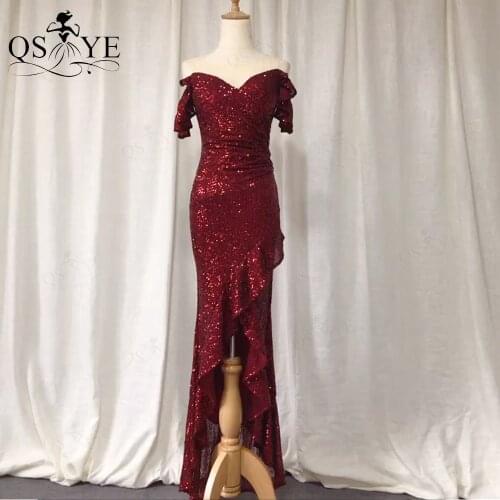 QSYYE Burgundy Sequin Evening Dresses 2021 Mermaid Prom Party Gown Ruffles Woman Side Sleeves Glitter Dark Red Formal Dress