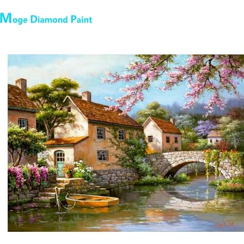 Ldyllic Country Stone Bridge Creek Diamond Painting Round Full Drill Scenic Nouveaute DIY Mosaic Embroidery 5D Cross Stitch