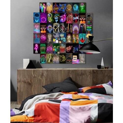 50Pcs Beer Lamp Fluorescence Aesthetic Picture Wall Collage Set Neon Collages Print Kit Illuminate Bar Decoration Stickers