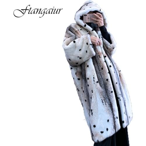 Ftangaiur 2019 Winter Import Leopard Point Cross Mink Fur Coat With Hood Full Sleeve X-Long Womens Natural Real Mink Fur Coats