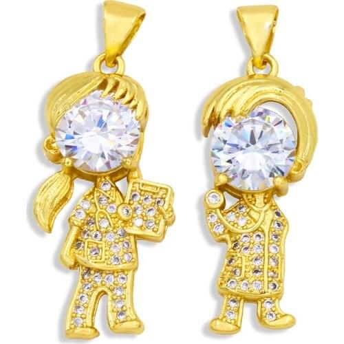 OCESRIO 18K Gold Plated CZ Small Boy and Girl Charms for Jewelry Making Wholesale Brass Lover Family Necklace Pedants pdta325